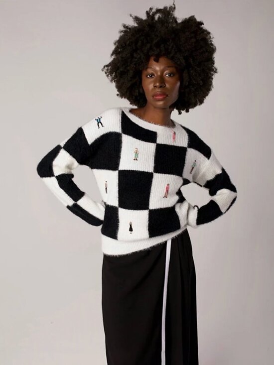 London Atelier Byproduct Sweaters - LAB Checkered Knitted Sweater With Embroidery Patches, one size (fits like XS/S)